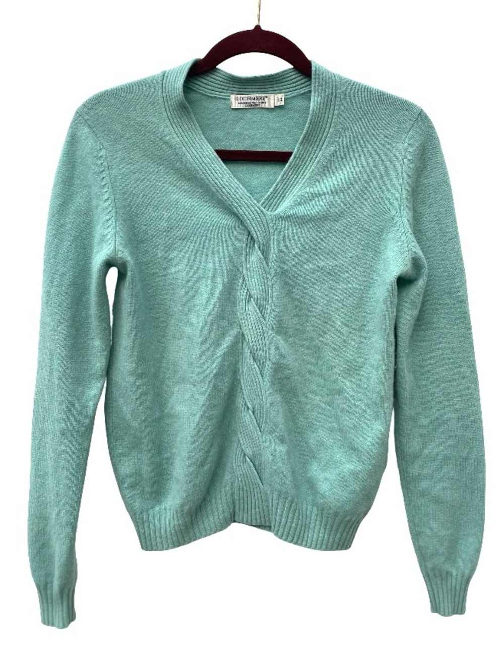 Lochmere 100% cashmere mint turquoise cable knit v-neck washable sweater size 12